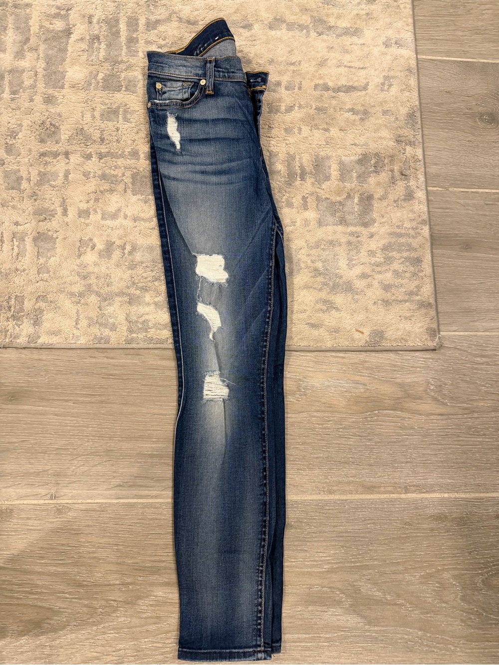 7 For All Mankind Distressed Skinny Jeans - Dark Blue Wash